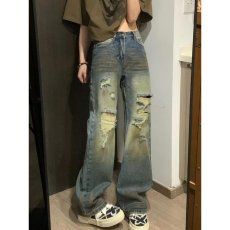 批发美式复古水洗做旧破洞<b class='q'>牛仔裤</b>男宽松直筒潮牌痞帅微喇叭设计感裤子
