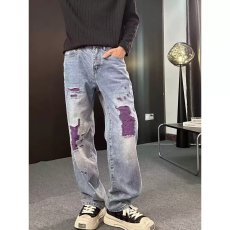批发水洗破烂补丁刺绣直筒<b class='q'>牛仔裤</b>男宽松高街风痞帅长裤美式潮牌直筒裤