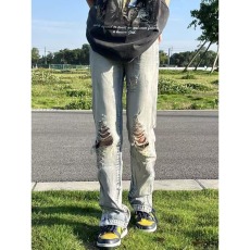 批发夏季美式高街复古侧边排扣坠感开叉破洞牛仔裤男<b class='q'>女</b>同款<b class='q'>小脚裤</b>暗扣