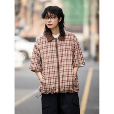 批发夏季日系复古格子短袖衬衫男夏季<b class='q'>街头</b>百搭设计感半袖衬衣