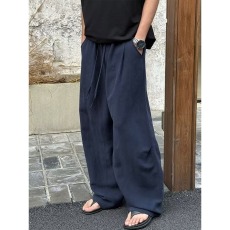 批发藏蓝色垂感<b class='q'>亚麻</b>裤子男夏季薄款慵懒松弛感阔腿裤老钱风弯刀休闲裤