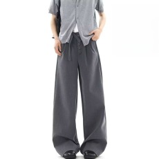 批发美式灰色系带休闲西裤<b class='q'>男</b>夏复古cleanfit<b class='q'>西装</b>裤子潮牌宽松直筒