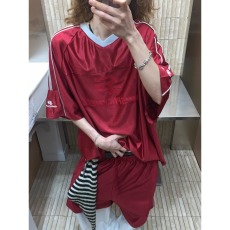 批发美式复古V领杠条球服短袖T恤男夏季宽松休闲<b class='q'>短裤</b>运动套装