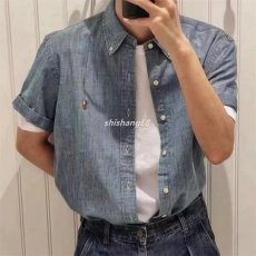 批发原宿新款百搭潮流夏季男士美式复古简约贴袋休闲短袖牛仔<b class='q'>衬衫</b>流行
