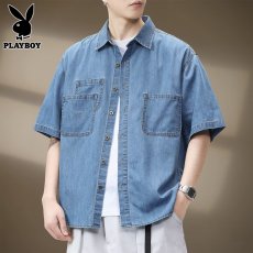 批发日系潮流薄款蓝色牛仔短袖<b class='q'>衬衫</b>男士夏季新款简约百搭痞帅<b class='q'>衬衣</b>外套