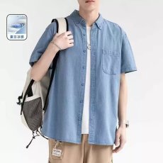 批发男士牛仔工装风口袋<b class='q'>衬衫</b>2026年夏季时尚宽松休闲短袖<b class='q'>衬衫</b>翻领<b class='q'>衬衣</b>
