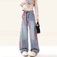 批发美式高街拼接蝴蝶结牛仔裤男女春<b class='q'>秋</b>新款复古设计感直筒阔腿长裤子