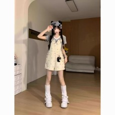 批发甜酷风小猫星星印花牛仔背带裤女夏季宽松减龄可爱小个子连体短裤