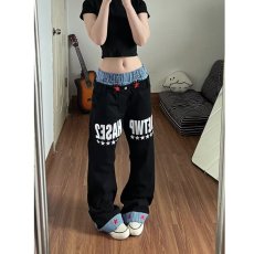 批发美式复古<b class='q'>原创</b>小众字母印花双腰弯刀牛仔裤叠堆<b class='q'>设计</b>感显高男女