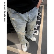 批发街头大破洞时尚牛仔裤男<b class='q'>春</b>夏季修身小脚裤浅蓝色潮牌刮烂百搭裤子