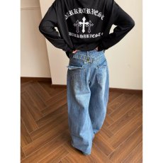 批发<b class='q'>春</b>秋新款三角金属复古休闲百搭长裤高腰显瘦直筒阔腿拖地牛仔裤
