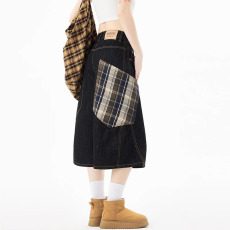 批发美式简约设计感拼接格子弯刀牛仔裤女<b class='q'>春</b>夏新款高腰宽松复古休闲裤