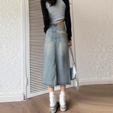批发美式<b class='q'>复古</b>时尚牛仔半身裙女夏季新款高腰a字中长开叉包臀裙子韩版