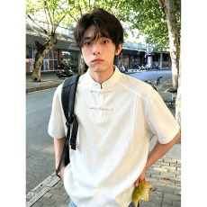 批发新中式亨利领短袖男款夏树皮纹盘扣设计polo衫新国风T恤中式上衣