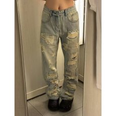 批发美式复古辣妹低腰破洞牛仔裤夏季高街<b class='q'>设计</b>感直筒宽松显瘦阔腿裤