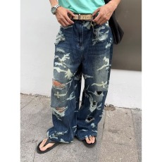 批发美式复古磨白磨破多重破洞牛仔裤男宽松直筒<b class='q'>设计</b>感乞丐裤潮