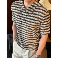 批发老钱风简约条纹休闲短袖POLO衫夏季新款欧版<b class='q'>帅气</b>翻领半袖T恤上衣