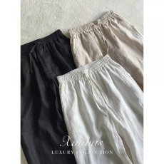 批发ins蓝标100%雨露亚麻抽绳西裤a字休闲宽松长裤文艺潮流新款简约