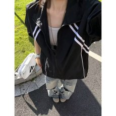 批发黑色美式复古条纹外套男女春季青少年学院风卫衣重磅立领运动夹克