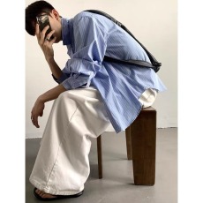 批发美式简约拼色条纹长袖衬衫男女2026春秋季高级感宽松<b class='q'>百搭</b>衬衣外套