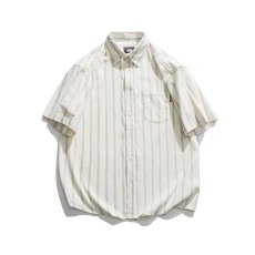 批发衬衫男日系复古宽松夏季薄款短袖衬衣设计感小众休闲中袖条纹衬衣