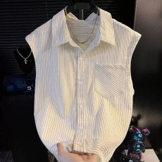 批发简约设计感条纹无袖<b class='q'>衬衫</b>男夏季新款宽松翻领百搭<b class='q'>时尚</b>休闲潮流上衣