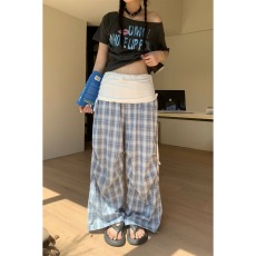 新款日系潮牌蓝色格子休闲裤夏季裤子宽松bf慵懒风美式直筒长裤