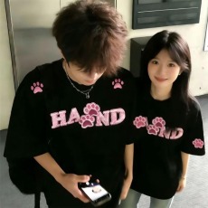 批发情侣装猫爪字母植绒刺绣短袖T恤男款夏季美式高街学院风棉上衣