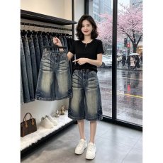 批发磨破<b class='q'>设计</b>感复古百搭宽松阔腿牛仔裤高街小个子显瘦休闲直筒七分裤