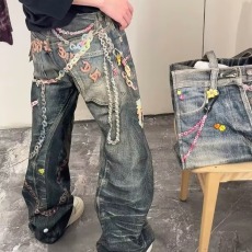 批发<b class='q'>糖果</b>链条3D错觉印花弯刀时髦设计感直筒阔腿牛仔长裤男女
