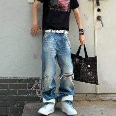 批发夏季薄款破洞牛仔裤<b class='q'>男</b>宽松直筒潮流百搭垂感阔腿<b class='q'>长裤</b><b class='q'>男</b>女潮流新款