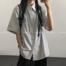 批发气质新款ins<b class='q'>日系</b>复古格纹薄款短袖衬衫男女同款蓝色小格子衬衣