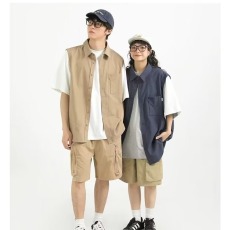 批发<b class='q'>日系</b>纯色假两件短袖衬衫背心马甲男女夏季设计感宽松休闲工装<b class='q'>外套</b>
