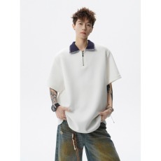 批发美式半拉链短袖POLO<b class='q'>衫</b>男夏季潮牌撞色手缝线T恤高街宽松<b class='q'>情侣</b><b class='q'>半袖</b>