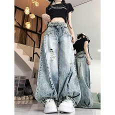 批发美式复古灯笼裤破洞牛仔裤夏季辣妹高街<b class='q'>设计</b>感宽松垂感阔腿裤子