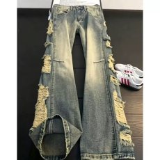 批发美式复古乞丐破洞牛仔裤男女款2026夏季流行单品潮牌宽松阔腿裤子
