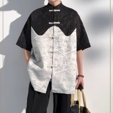 批发复古风汉服中国风<b class='q'>男装</b>夏季薄款提花短袖衬衫新中式唐装大码衬衣潮