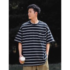 批发条纹短袖潮牌t恤<b class='q'>男</b>2024年夏季圆领宽松休闲上衣港风复古百搭体恤