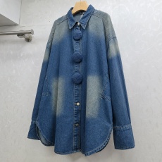 批发欧洲站秋冬季翻领泡泡长袖大扣子设计复古洗水色宽松街潮牛仔衬衫