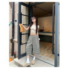 批发美式复古辣妹格纹七分裤女宽松慵懒褶皱百搭阔腿休闲短裤中裤