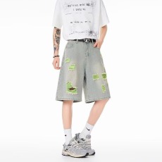 批发个性做旧破洞五分<b class='q'>牛仔</b>裤宽松大码休闲束脚裤夏季拼接哈伦萝卜裤