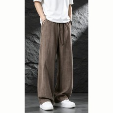批发咖色美式慵懒风裤子男夏薄款老钱风潮牌<b class='q'>亚麻</b>弯刀裤百搭冰丝休闲裤