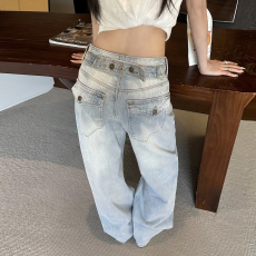 批发美式复古后系扣<b class='q'>设计</b>感阔腿牛仔裤女夏季高腰显瘦百搭直筒拖地长裤