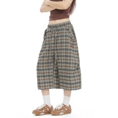 批发美式复古辣妹格纹七分裤女宽松慵懒褶皱百搭阔腿休闲短裤中裤