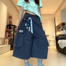 批发美式复古七分裤女潮牌设计感街头多口袋阔腿小众工装<b class='q'>短裤</b>