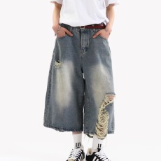 批发美式毛边破洞<b class='q'>设计</b>感直筒牛仔裤女夏季新款复古风做旧七分裤