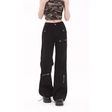 批发黑色多口袋微喇牛仔裤男春秋季美式复古设计感<b class='q'>裤子</b>显瘦直筒工装裤