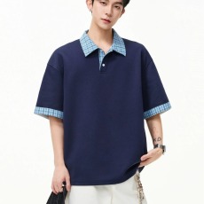 批发美式复古假两件拼接格纹POLO短袖T恤<b class='q'>男</b>女潮牌学院风情侣上衣