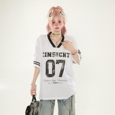 批发美式<b class='q'>街头</b>复古V领7号球衣短袖夏季透气网眼篮球运动T恤男女