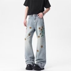 批发春季美式复古花卉刺绣直筒<b class='q'>牛仔裤</b>男女高级设计感显瘦阔腿裤子
